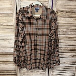 Notions Womens Beige and Black Plaid Button Down Long Sleeve Shirt Size 1X